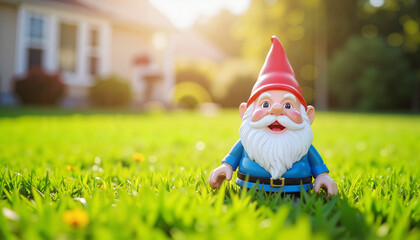 Cheerful garden gnome standing on lawn grass in sunny front yard, whimsy