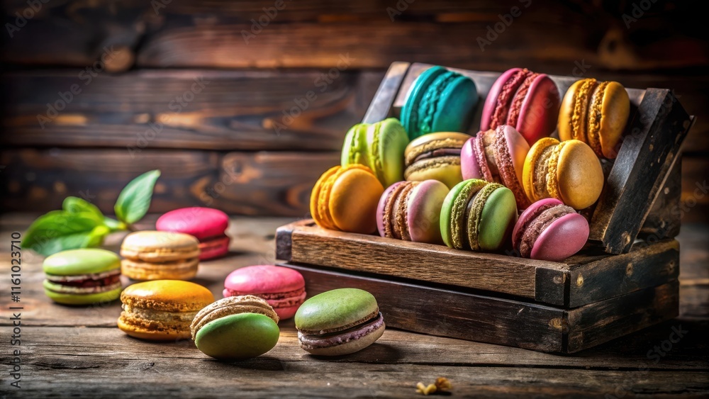 Poster a rustic wooden box overflowing with colorful macarons, a delightful display of sweet treats on a we