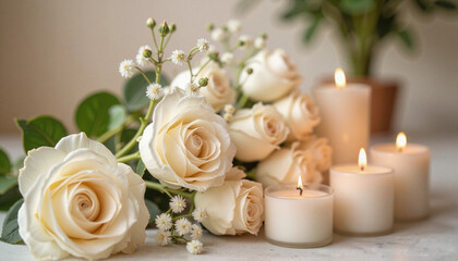 Elegant white roses and candles in bohemian decor, serene ambiance