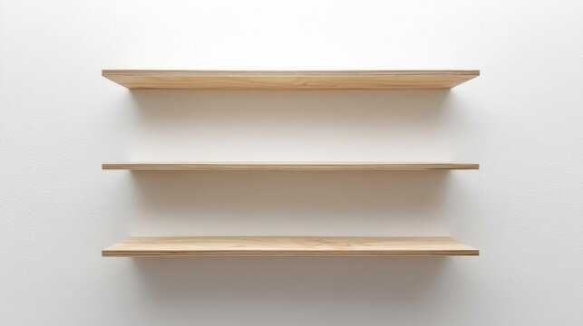 Blank wooden bookshelf on white wall background: empty shelves for book display - 3D rendering interior design element