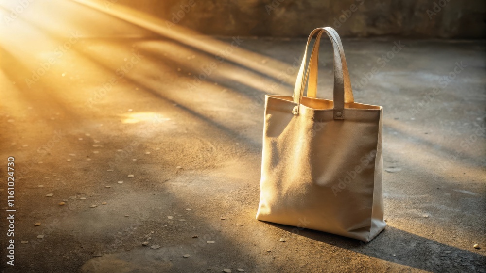 Poster A light beige canvas tote bag stands on a rough textured surface, illuminated by warm sunlight beaming through a window.