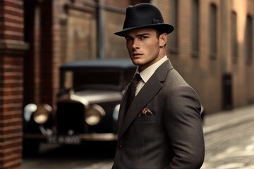 Vintage Style: Handsome Man Portraying a 1920s Gentleman in Urban Environment