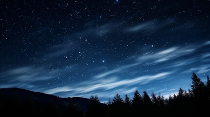 Fototapeta premium Long exposure of a strars moving in the night sky, golden hour lighting, empty space on the left for text,generative ai illustration