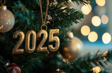 Close-up of the number "2025" hanging on a Christmas tree, with golden numbers against a blurred background of lights and bokeh, creating a cozy home atmosphere. Ai