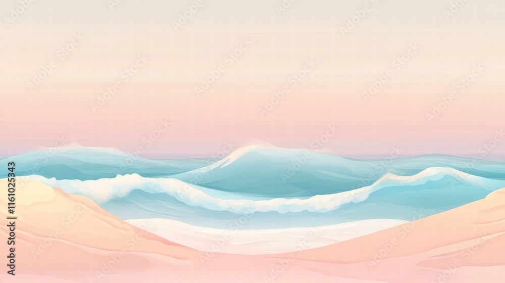 Poster tranquil beach view with soft waves and pastel skies at sunset inviting relaxation and reflection. g