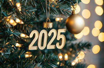 Close-up of the number "2025" hanging on a Christmas tree, with golden numbers against a blurred background of lights and bokeh, creating a cozy home atmosphere. Ai