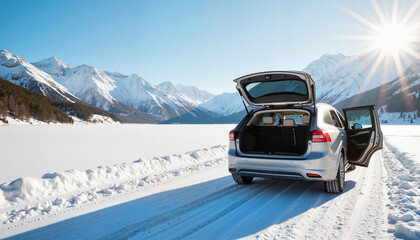 Parked car on icy road in mountainous landscape, Winter Car Check