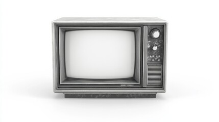 Vintage Silver Television Isolated on White Background, Retro Technology with Blank Screen - 1980s to 2000s Era