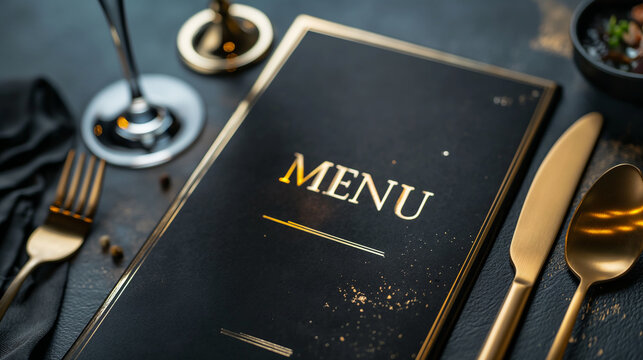 Black and golden elegant luxury restaurant MENU book cover. Prestigious dinner food drink catalog on the table. Deluxe premium VIP elegance