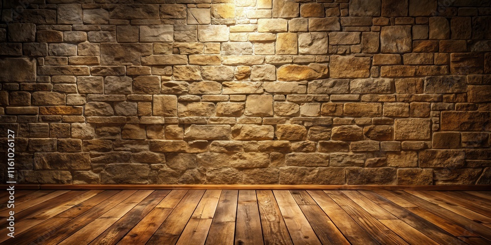 Aufkleber A rustic stone wall with a warm wooden floor and dramatic lighting creates an inviting atmosphere.