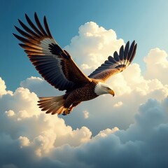 Obraz premium Golden eagle in flight, majestic wings outstretched against fluffy clouds , wildlife photography, high altitude, clouds