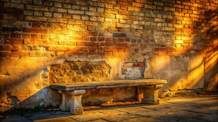 A weathered wooden bench with stone legs rests against a worn brick wall illuminated by the golden rays of the setting sun.