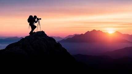 Fototapeta premium Silhouette of a photographer capturing a sunset on a mountain peak.