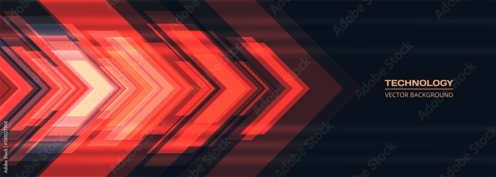Poster Red technology arrows on dark futuristic abstract background. High-speed movement concept dynamic motion red hi tech digital arrows. Technology vector illustration for banner or poster design.