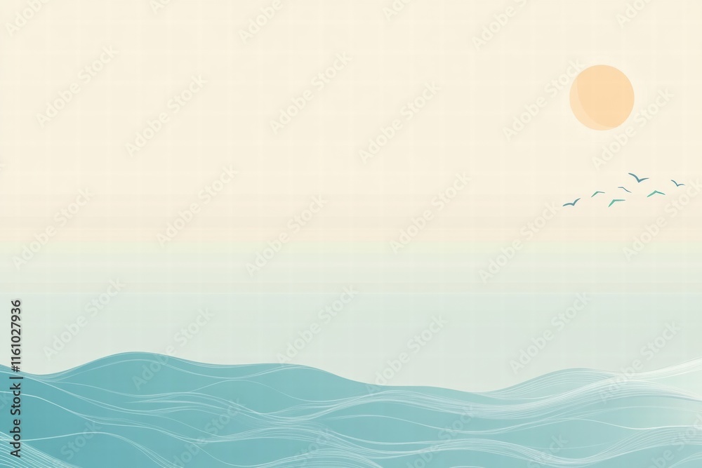 Poster Stylized sun rising above soft waves with gentle horizon and ample space for text or design elements. Generative AI