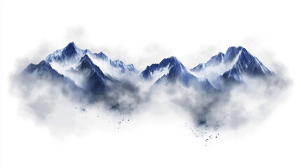 Snowy mountain peaks rising above the clouds on white background