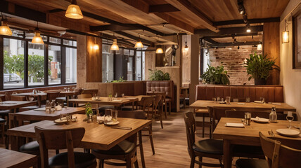 Fototapeta premium A homely restaurant with warm tones, rustic wooden tables, and welcoming staff.