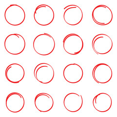 Set of red highlight circles. Set of hand drawn doodle circle. Collection of different drawn marker elements. Red circle, pen draw. Vector illustration.