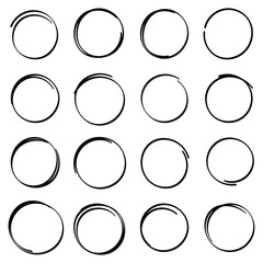 Hand drawn circles. Hand drawn circle frames set. Doodle circles. Rounds scribble line circles. Doodle circular logo design elements.