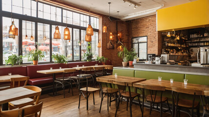 A friendly neighborhood eatery with an open kitchen, communal tables, and vibrant decor.

