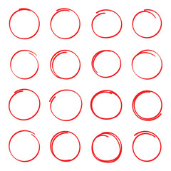 Hand drawn red circle line sketch set. Vector brush strokes circles of paint on white background. Ink hand drawn paint brush circle. Logo, label design elements.