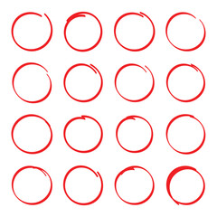 Set of hand drawn red marker round frames icolated on white background.