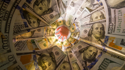 Dynamic View Inside a Jar of Hundred-Dollar Bills as a Hand Moves Into the Frame, Creating Depth and Motion While a Man Observes Through the Opening. Wealth Interaction.