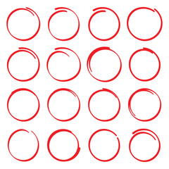 Set of hand drawn red marker round frames icolated on white background.
