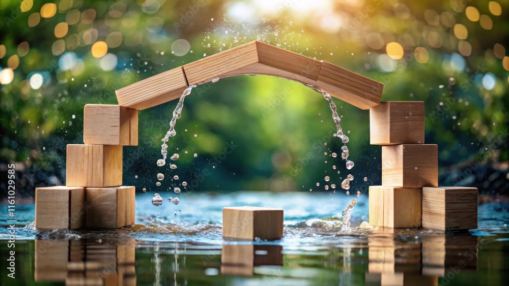 Poster wooden blocks forming an arch over a stream of water, with the splash creating a dreamy atmosphere