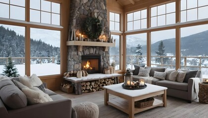 Cozy Living Room with Winter D&eacute;cor and a Picturesque Snowy View Through Large Windows