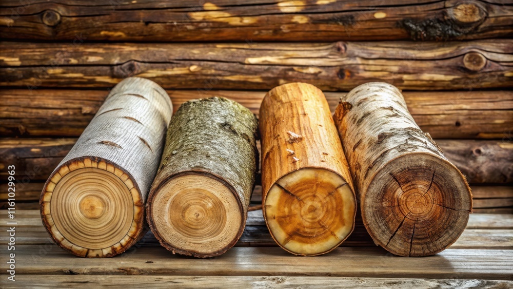 Poster Close-up of four logs, showcasing the intricate rings and textures of their cross sections against a backdrop of rustic wood.