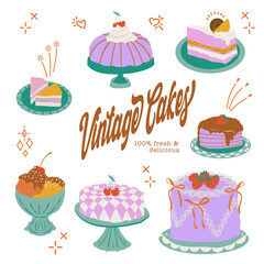 Set of  Hand Drawn Vintage Cakes and Desserts, Doodle Retro Set, Outline Cream cake vector collection, Pastel Coquette cake collection