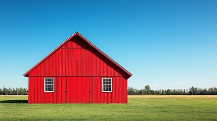 A Vibrant Red Barn Stands in a Green Field Under a Blue Sky