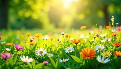 Fototapeta premium Sunny meadow, vibrant wildflowers, lush green grass, flora, petal
