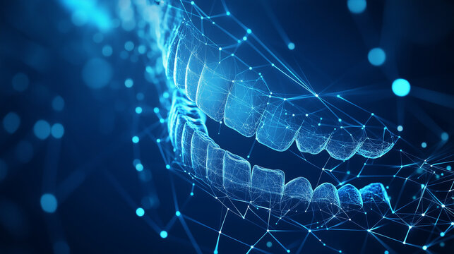 Abstract glowing digital teeth on blue background with dots and lines.