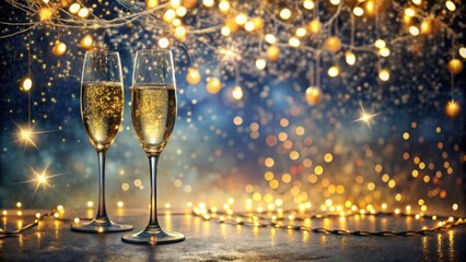 Two glasses of sparkling champagne rest on a table adorned with shimmering fairy lights, creating a festive ambiance.