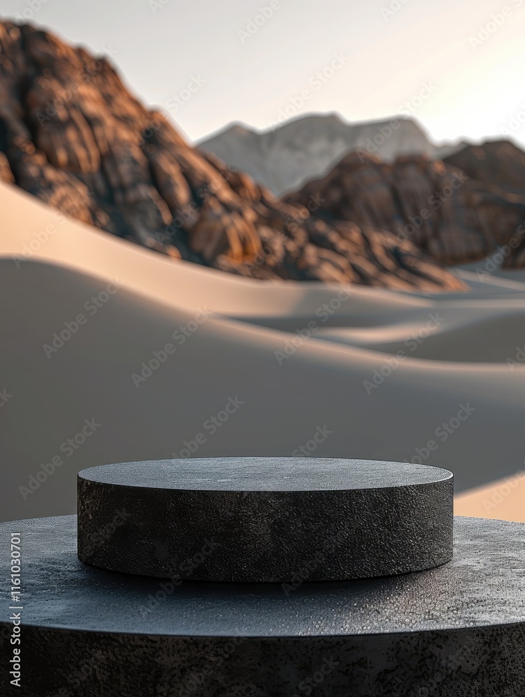 Aufkleber a black circular podium on the desert, with a gray background and high-end texture.