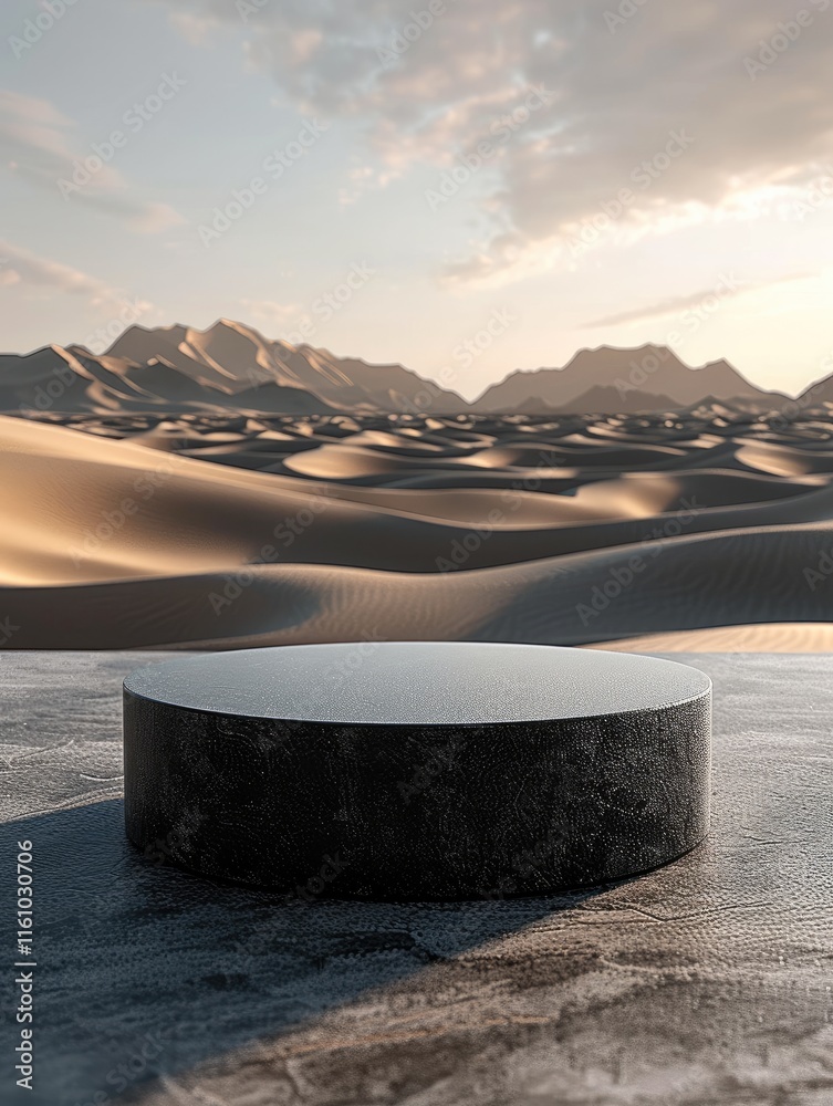 Poster a black circular podium on the desert, with a gray background and high-end texture.