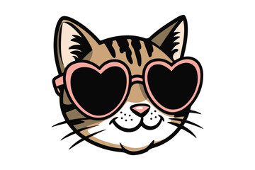 Cute Cat Face with Heart-Shaped Sunglasses Illustration