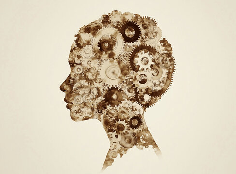 A human head in profile or silhouette made of gears, cogs and mechanical parts, in sepia tones against a plain background. The figure is composed entirely from mechanical parts, landscape ratio 19:14
