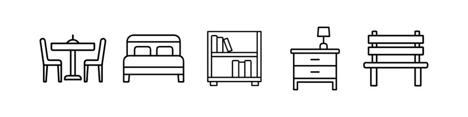 Line Icons of Bedroom and Living Furniture - Minimalistic line icons featuring furniture items, including a dining set, bed, bookshelf, nightstand, and bench, ideal for home and decor designs.