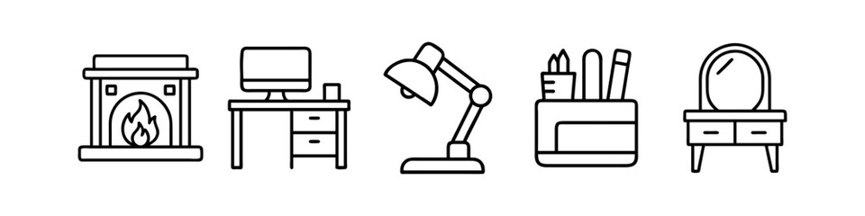 Line Icons of Office and Living Essentials - Minimalistic line icons featuring a fireplace, desk, desk lamp, stationery holder, and vanity table, ideal for home and office decor themes.