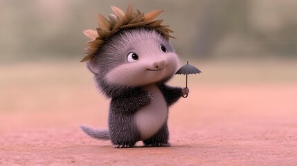 Fototapeta premium A cute animated creature with a flower crown holds a small umbrella, exuding charm and playfulness in a whimsical setting.