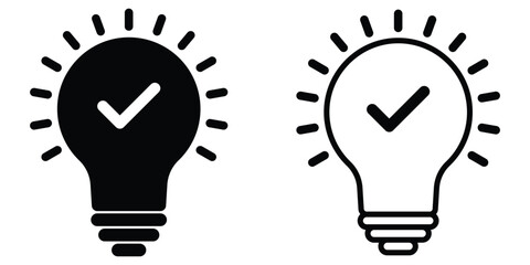Light bulb with check mark icon set. Tick on black light bulb. Lightbulb check mark icon. Idea confirmation symbol. Vector graphic illustration.
