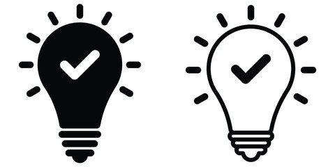 Light bulb with check mark icon set. Tick on black light bulb. Lightbulb check mark icon. Idea confirmation symbol. Vector graphic illustration.