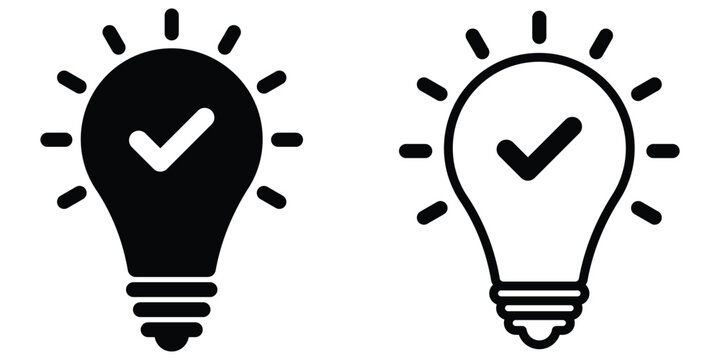 Light bulb with check mark icon set. Tick on black light bulb. Lightbulb check mark icon. Idea confirmation symbol. Vector graphic illustration.