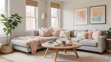Fototapeta premium A bright living room with a comfy sectional sofa, pastel throw blankets, and a simple coffee table.