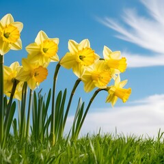 Obraz premium Yellow Daffodils Blooming in Green Grass Under Blue Sky