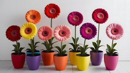Fototapeta premium Cheerful Row of Gerbera Daisies in Colorful Flower Pots