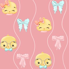 Chick with bows on a pink background seamless pattern for Easter 
